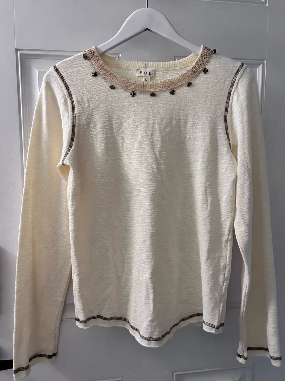 POL Cream Long Sleeve Crewneck Top with Bead Trim